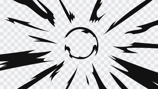 Radial energy blast effect isolated on transparent background. Abstract manga explosion with dynamic speed lines and circular impact for comic action design.