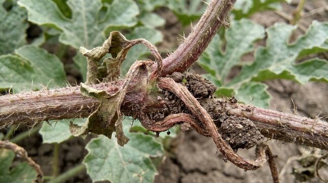 Macro detail of watermelon vine and stem connection, twisted plant fibers, earthy agricultural realism