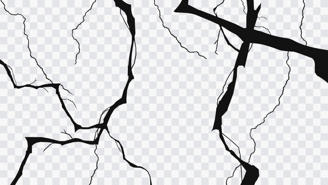 Cracked surface effect isolated on transparent background. Abstract black fracture lines with damaged texture and broken ground pattern for design and comic effects.