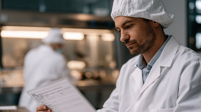 Over the shoulder view of sterile compounding pharmacist reviewing sterile preparation batch record on laminated documentation sheet inside ISO classified cleanroom, gowned colleague operating horiz