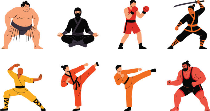 Martial Arts Fighters and Combat Sports Athletes Vector Character Set