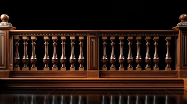 Elegant dark brown wooden balustrade with balusters and ornate detailing against a black background.