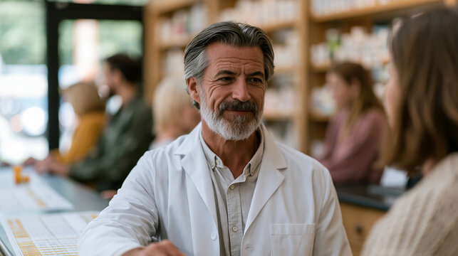 Mature male pharmacist stands at prescription counter explaining smoking cessation nicotine patch application to middle aged woman customer, printed cessation timeline visible on counter, other cust