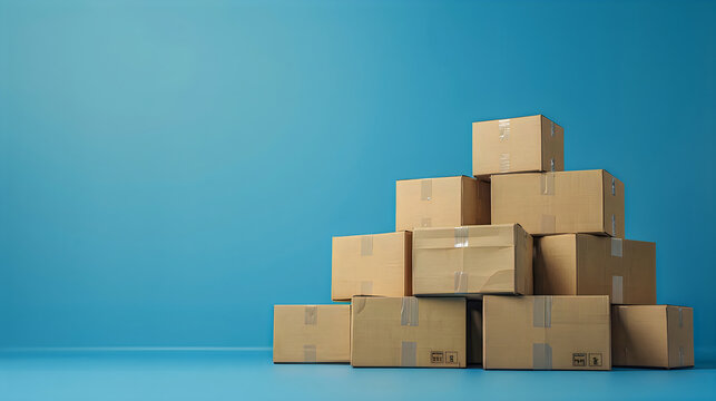 Professional stack of cardboard shipping boxes on right side against clean blue background, minimalist ecommerce packaging concept with copy space.