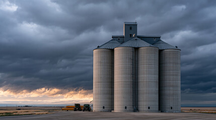 Obraz premium Industrial grain silo complex photographed from below at dusk with dramatic overcast sky pressing down, harvest machinery parked beside concrete cylinders, agriculture infrastructure and rural Ameri