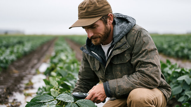 Harvest optimization agronomist kneeling in rain-soaked soybean field examining pod fill stage, muddy waterproof jacket, portable Brix refractometer in hand, overcast sky pressing low, tractor tire 