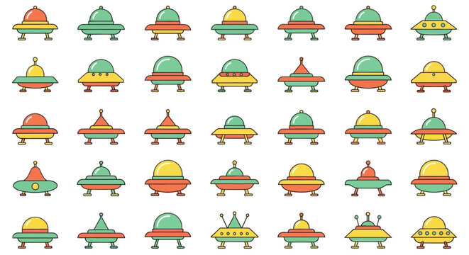colorful ufo vector collection featuring diverse flying saucers alien spacecraft and simple cartoon illustrations.