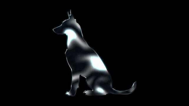 Silver metallic sitting dog silhouette. Alpha channel. Seamless loop video
