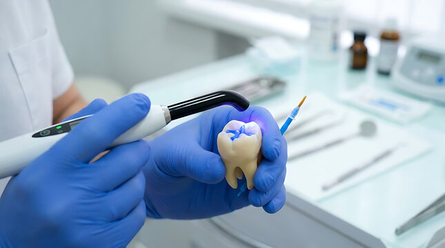 Dentist applying dental sealant on tooth model with polymerization curing light