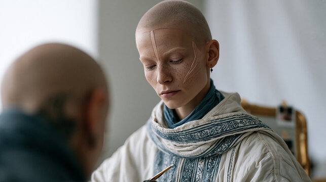 Editorial makeup artist collaborating with art director on high-concept beauty campaign, applying sculptural prosthetic cheekbone detail to model in studio draped with white seamless backdrop, polar