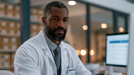 Obraz premium Compliance officer issuing legal hold notification via encrypted platform in sterile hospital administrative suite, medical records archive visible through glass partition, urgency evident in postur