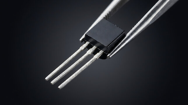 Close up photo of an electronic transistor component held with metal tweezers