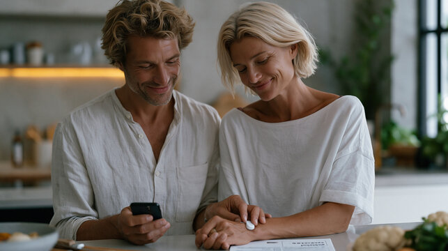 Couple dynamic unfolds as a husband guides his wife through attaching a continuous glucose remote monitoring sensor in a modern kitchen, a connected health application confirming real-time interstit