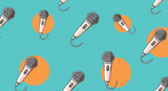 Vibrant seamless pattern with hand drawn retro microphones on a turquoise background decorated with bright orange circular spots.