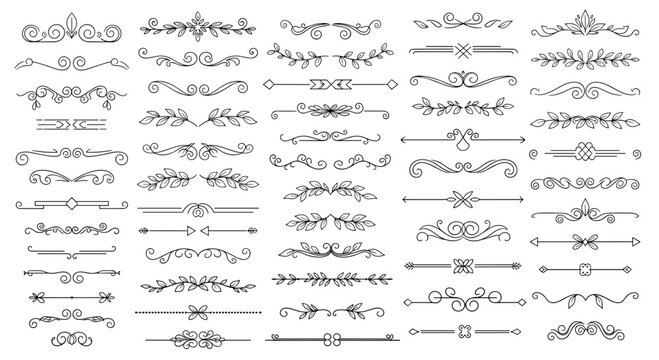 Assorted collection of black and white decorative page dividers, floral flourishes, and ornamental line elements for graphic design.