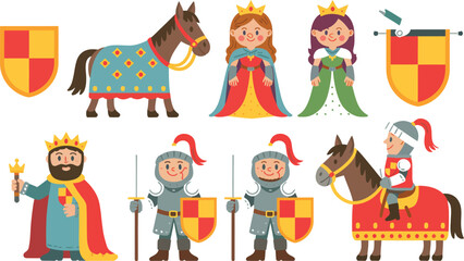 Fototapeta premium Medieval cartoon characters and animals set Vector