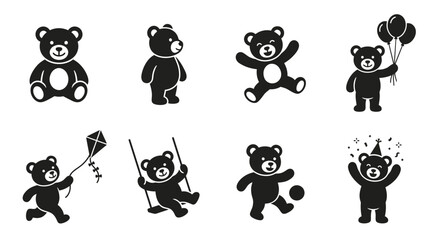 Obraz premium Teddy Bear Playtime Vector Icons – Cute Bear Silhouettes with Balloons, Swing, Kite, and Toy Train
