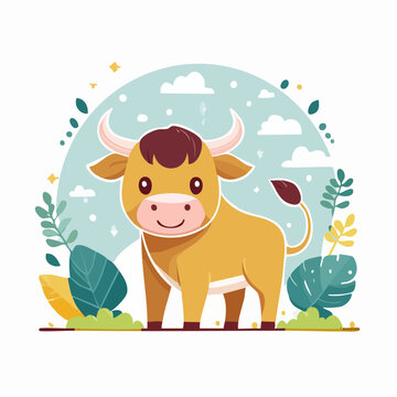 Cute Cartoon Bull with Plants and Clouds