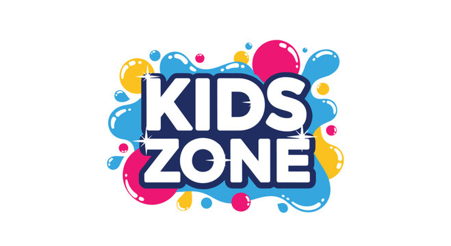 Brightly colored kids zone sign featuring bold white typography over a splash of blue, yellow, and pink bubbles and liquid drops.