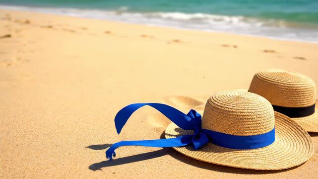 Straw hats on sandy beach with blue ribbon. Wind gently blowing ribbon across sand. Seaside summer accessory scene for tropical relaxation concepts