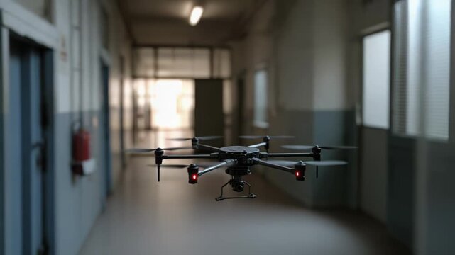 Industrial drone quadcopter hovering and recording in a dimly lit hallway, representing advanced technology facilitating indoor security, robotic inspection, and autonomous monitoring systems