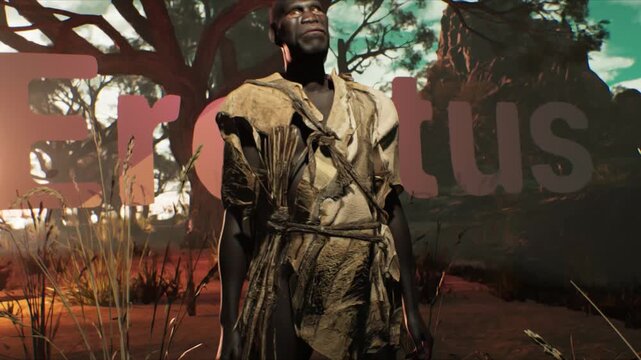 Homo erectus ancestor standing in prehistoric savanna landscape, human evolution and ancient hominid species education video.