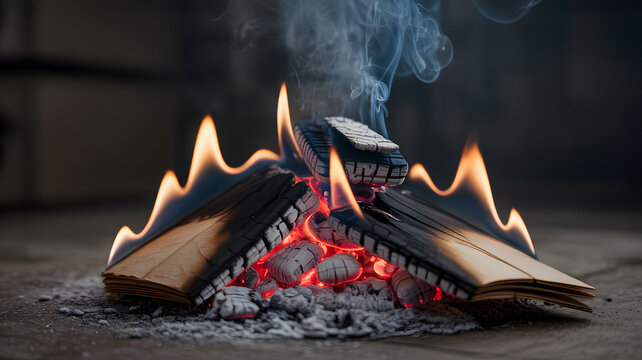 A pile of burning books with flames and smoke rising in a dark background