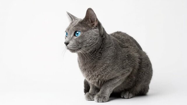 Beautiful silver-grey cat sitting calmly, isolated on white background and natural idle animation of slow blinking, subtle head movement, gentle ear flicks