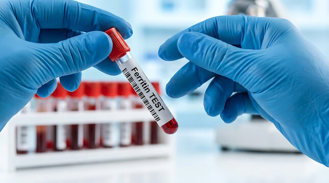 Scientist Holding a Blood Sample Tube Labeled for Ferritin Testing in a Clinical Laboratory