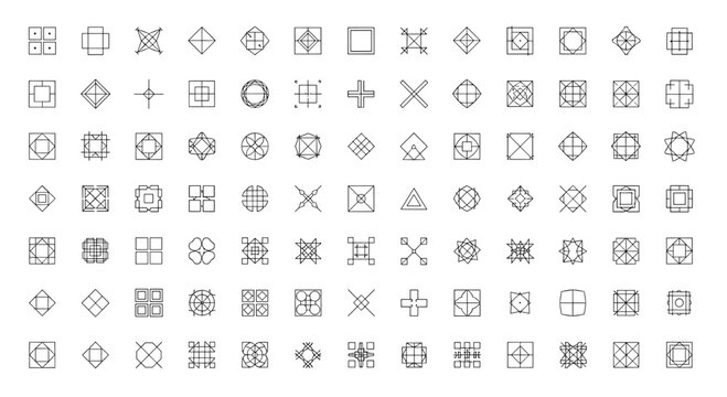 Grid of many small abstract geometric symbols and minimal line art icons in black and white for logo inspiration or design.