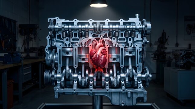 Car engine block cross-section with anatomical beating heart at center instead of combustion chamber, surreal automotive engineering as living organism dark technical concept