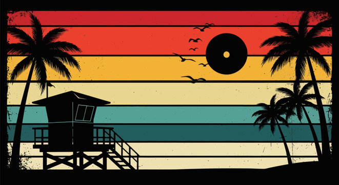 Sunset beach scene silhouette