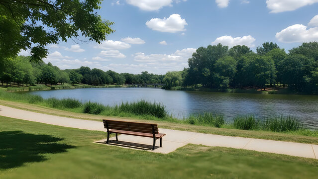 Park bench beside calm lake on sunny day