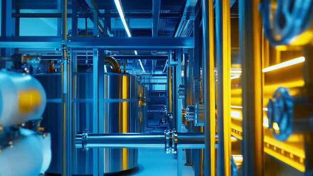 Industrial facility featuring advanced stainless steel piping systems, illuminated tanks, and cleanroom equipment, symbolizing innovation in manufacturing and engineering processes