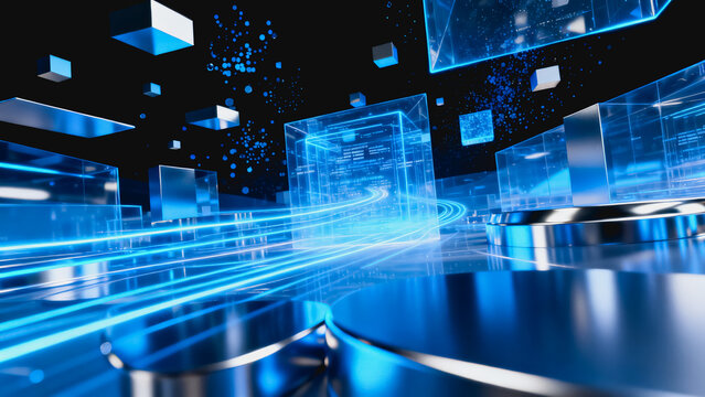 This 3D rendered cyber futuristic scene features glowing blue holographic cubes, light trails and reflective metallic surfaces in a dark digital data space.