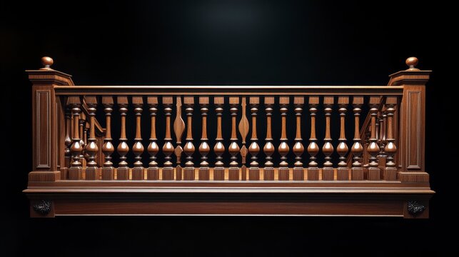 Ornate wooden balustrade isolated on black background.