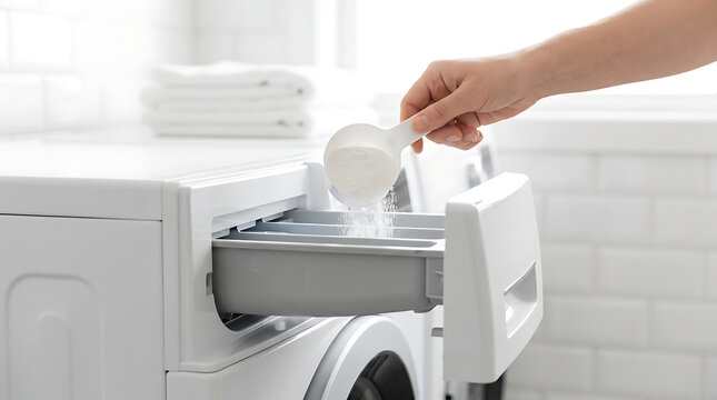 Hand Pouring White Laundry Detergent Powder Into Washing Machine Drawer Container