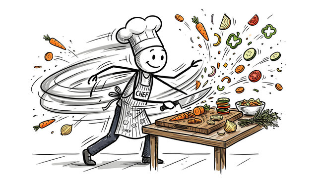 Dynamic cartoon chef enthusiastically prepares a healthy meal, rapidly chopping fresh vegetables on a cutting board, creating an energetic culinary display