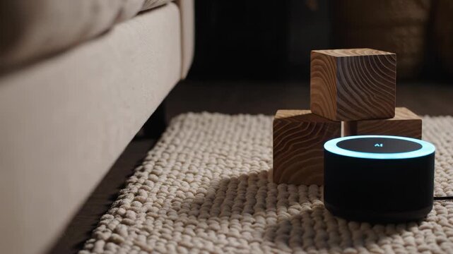 Wooden building blocks stacked around cylindrical smart speaker on beige living room rug near sofa. Device ring light activates from dark to illuminated blue in sequential frames. Home automation and