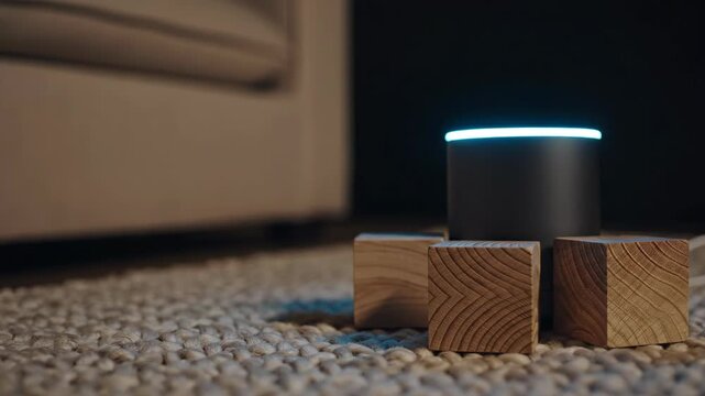 Cylindrical smart speaker activates with blue glowing ring on beige rug surrounded by wooden blocks in living room. Home voice assistant device demonstrates technology integration for modern interior