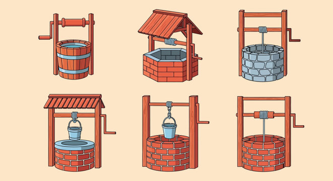 Six traditional well water pump designs illustration Vector
