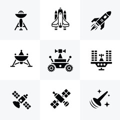 Collection of black silhouette depicting space exploration and technology including space shuttles, rockets, lunar landers, rovers, satellites, and communication antennas on white © MDFERDOUS