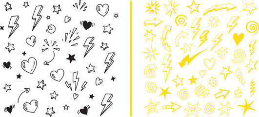 Obraz premium Hand drawn vector doodle set featuring stars lightning bolts hearts and arrows. Ideal for comic book design social media graphics and creative scrapbooking