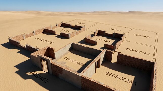 Architectural floor plan drawn in desert sand with walls beginning to materialize and rise progressively, surreal architecture emerging from blueprint concept horizontal editorial