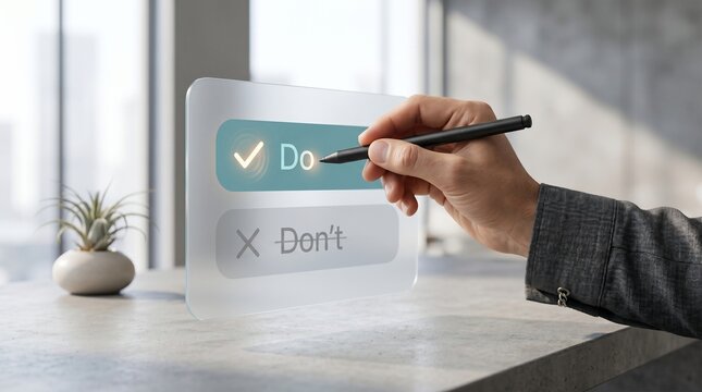 Man using stylus to select do option on digital checklist interface. Virtual reality task management and productivity concept. Professional decision making with innovative technology.