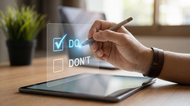 Man using stylus to select do option on virtual checklist. Businessman making digital choice on interactive screen. Technology and productivity concept for business task management.