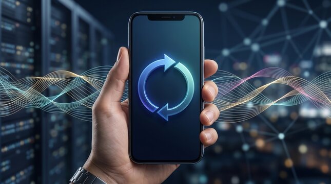 Man holding smartphone with sync refresh icon on screen. Data synchronization and cloud computing process. Modern mobile technology for digital information update and networking concept.