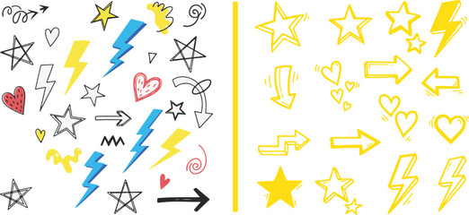 Fototapeta premium Hand-drawn doodle vector set featuring stars, lightning bolts, hearts, and arrows. Ideal for creative graphic design and playful decorative accents