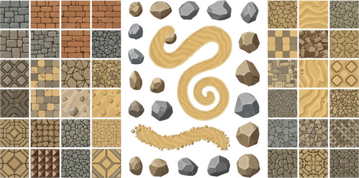 Collection of seamless ground textures and stone assets for game design featuring brick sand and pebble patterns vector illustration