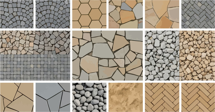 Collection of stone and brick paving patterns with various textures including cobblestone flagstone and pebbles for architectural landscaping vector illustration